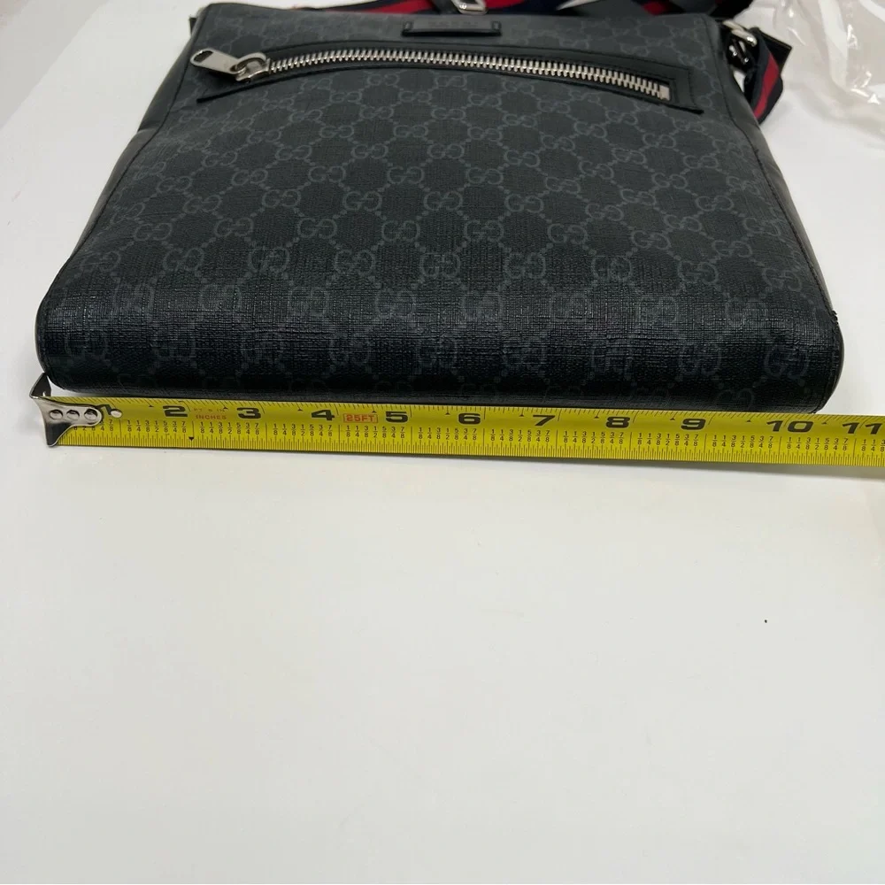 GUCCI GG SUPREME BLACK MONOGRAM WEB FLAT MESSENGER BAG